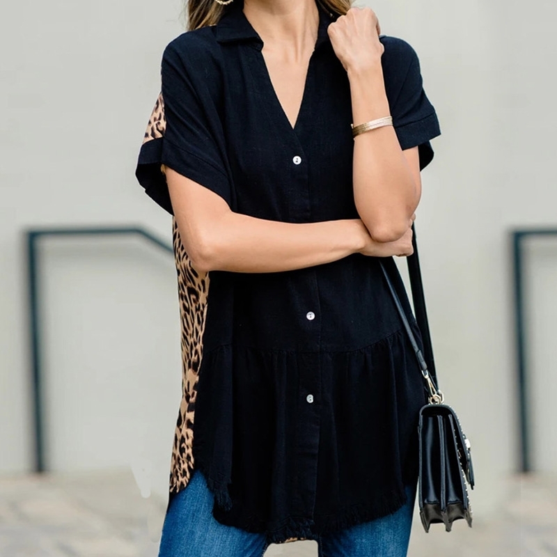 

Women Tops Blouses Spring Summer Leopard Short Sleeve Shirt V Neck Button Cotton Loose Shirts Blusas Camisa 210603, Black