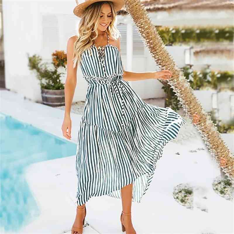 

Sexy Dress Women Long Summer Boho Maxi Striped Halter Evening Party Beach es Sundresses Bohemian Holiday 210603, Blue