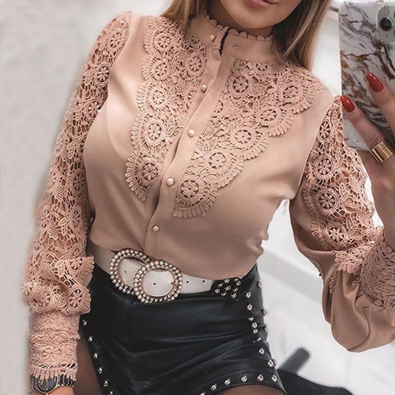 

Men' T-Shirts Women Elegant Long Sleeve White Lace Tops Spring Casual Office Shirt Woman Top Vintage Blouse Blusas, White-o