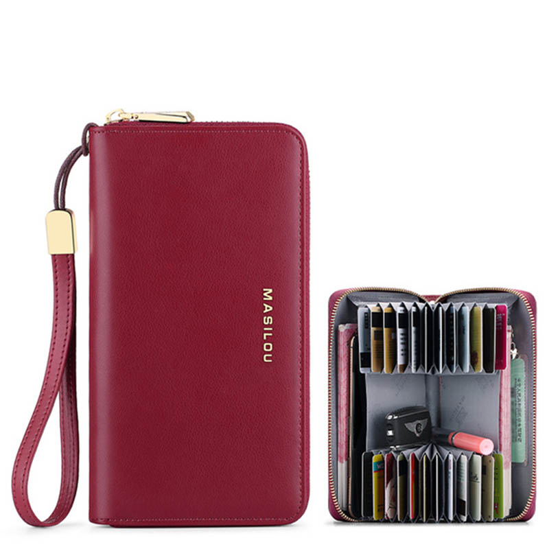 

100% Genuine Leather Wallets Women's Clutch Long Zipper Multi-function Credit Card ID Holder Bag Wallet RFID Blocking Letter Men Purse, Long brown leaf
