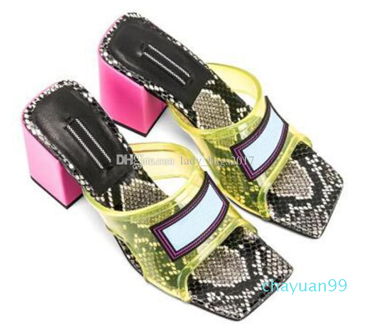 

2021 Lady Jelly Slippers PVC Transparent Slipper High Heel 9cm 12cm Sandals Slides Upper Leather Contrast Color Serpentine Shoes, As picture 3