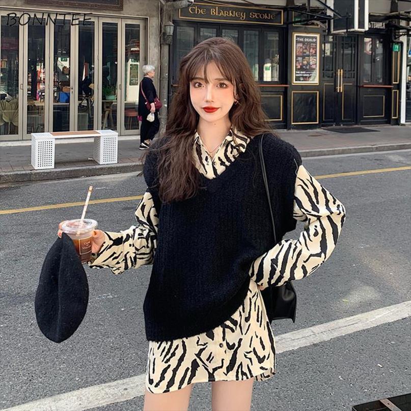 

sets outfits black knitting women tracksuits v neck warm vest and leopard fashion leisure shirts korean style design baggy 2, Gray
