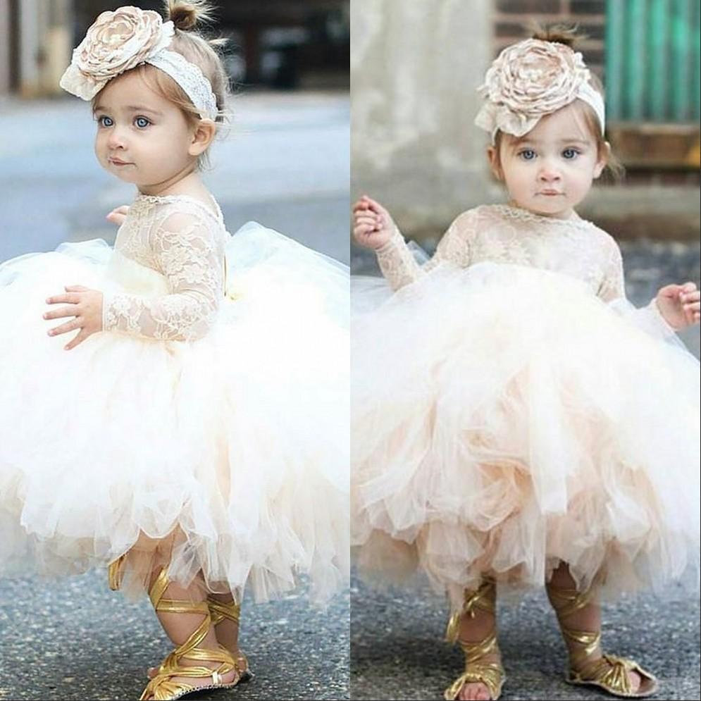 

2021 Vintage Flower Girls' Dresses Baby Infant Toddler Baptism Clothes Lace Tutu Ball Gowns Birthday Party Dress Custom Made, Ivory