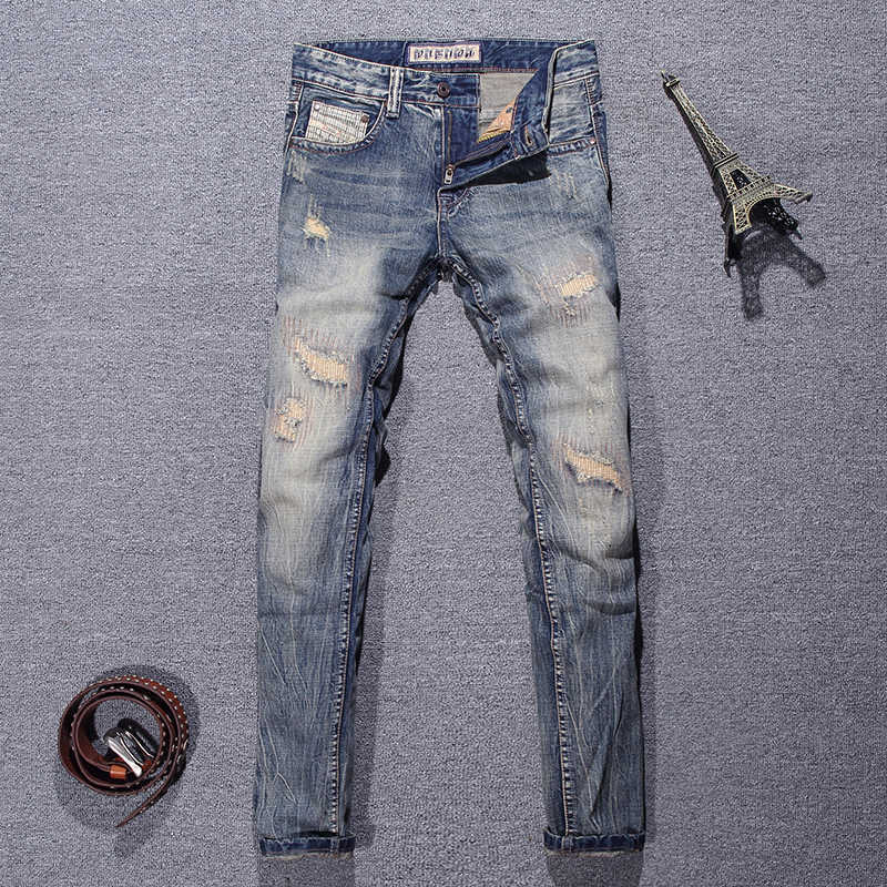 

Italian Vintage Fashion Men Jeans Retro Yellow Blue Slim Fit Ripped for Streetwear Patchwork Designer Punk Denim Pants