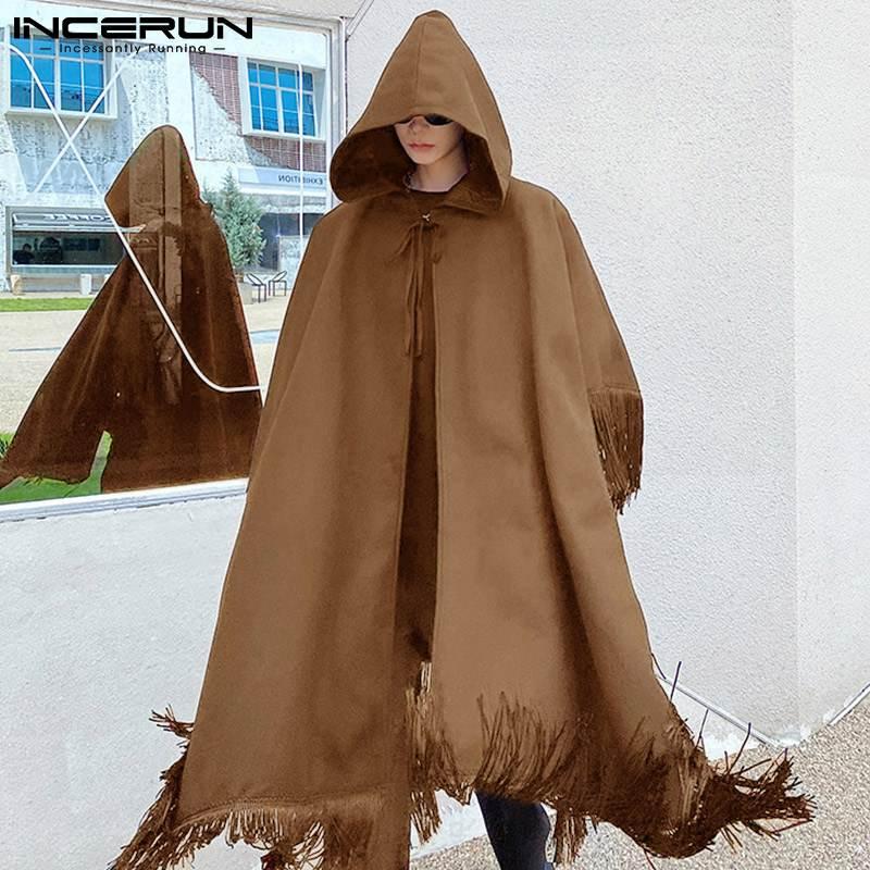 

Men's Trench Coats 2021 Men Cloak Hooded Fringed Streetwear Lace Up Solid Casual Ponchos Baggy Polar Fleece Irregular INCERUN 7, Tan;black