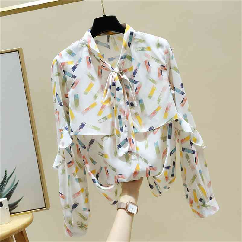 

Autumn Fashion Women's Ruffles Long Sleeves Bow Floral Print Chiffon Shirts Female Girls Ladies Shirt Blouse Tops A4044 210519, Beige