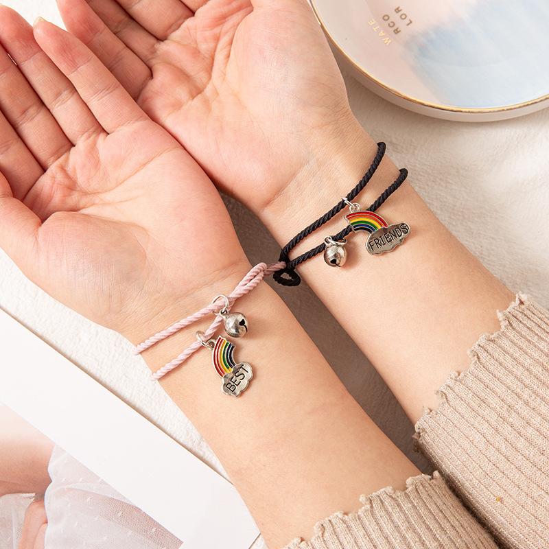 Charm Bracelets 2Pcs/set Rainbow Bell Friend Girlfriend Bracelet Cloud Stitching Friendship Adjustable Headband Jewelry Gift-image-708858293