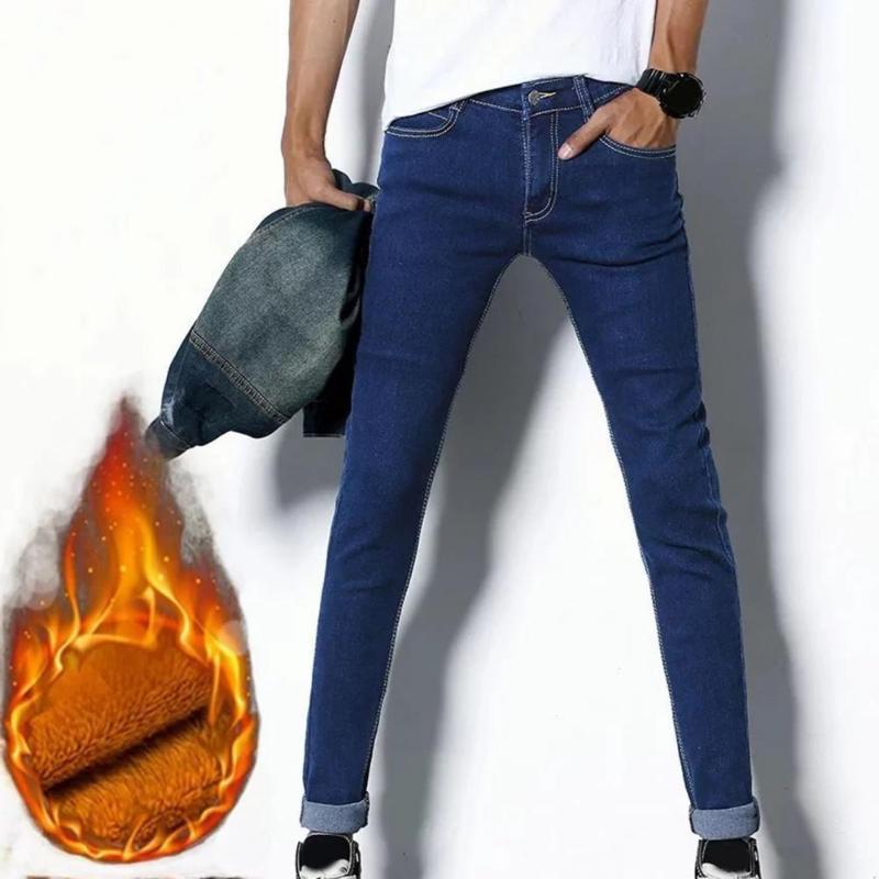 

Men's Jeans Fabulous Winter Thicken Mid Waist Warm Wear-resistant Men, Black