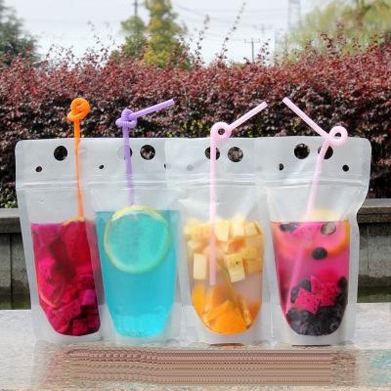 

Clear Drink Pouches Bags frosted Zipper Stand-up Plastic Drinking Bag with straw holder Reclosable Heat-Proof 17oz
