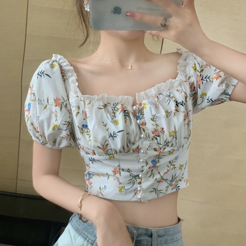 

Summer Sexy Slash Neck Top Women Vintage Slim Lace Splicing Flowers Shirt Female Sweet Short Shirts 210518, Photo color