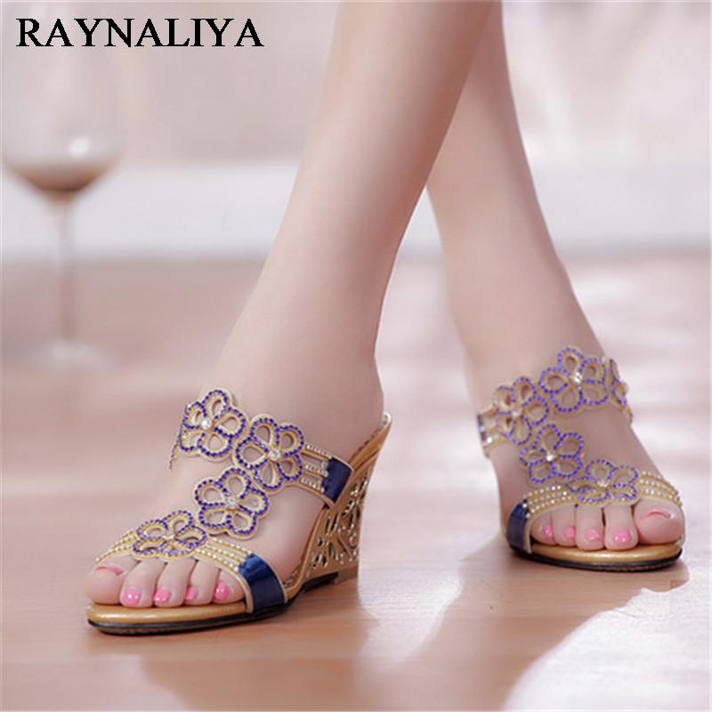 

Slippers 2021 Summer Style Sexy Womens Slides Rhinestone Wedges High Heels Stiletto Flowers Slipper Shoes Party XMX-A0048, Black