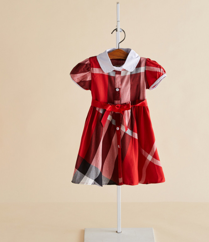 

Summer Girls plaid dress preppy style kids doll lapel short sleeve dresses children cotton lattice pleated clothing A2594, Red fly sleeve