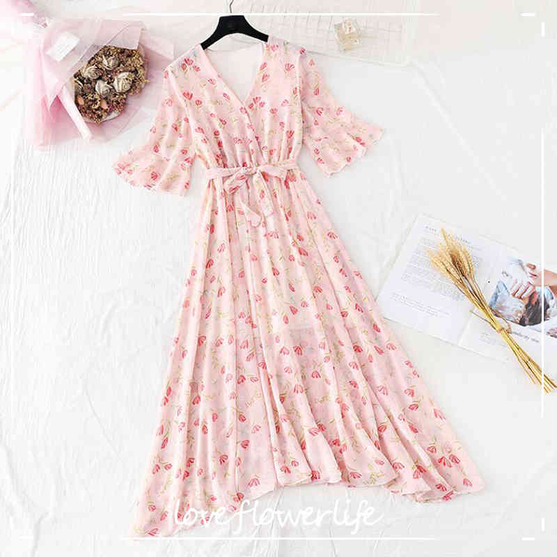 

Boho Floral Print Summer Dress Lotus Sleeve V-neck Midi Long Chiffon Dress Women Casual Elegant Beach Holiday Dresses 210521, Apricot