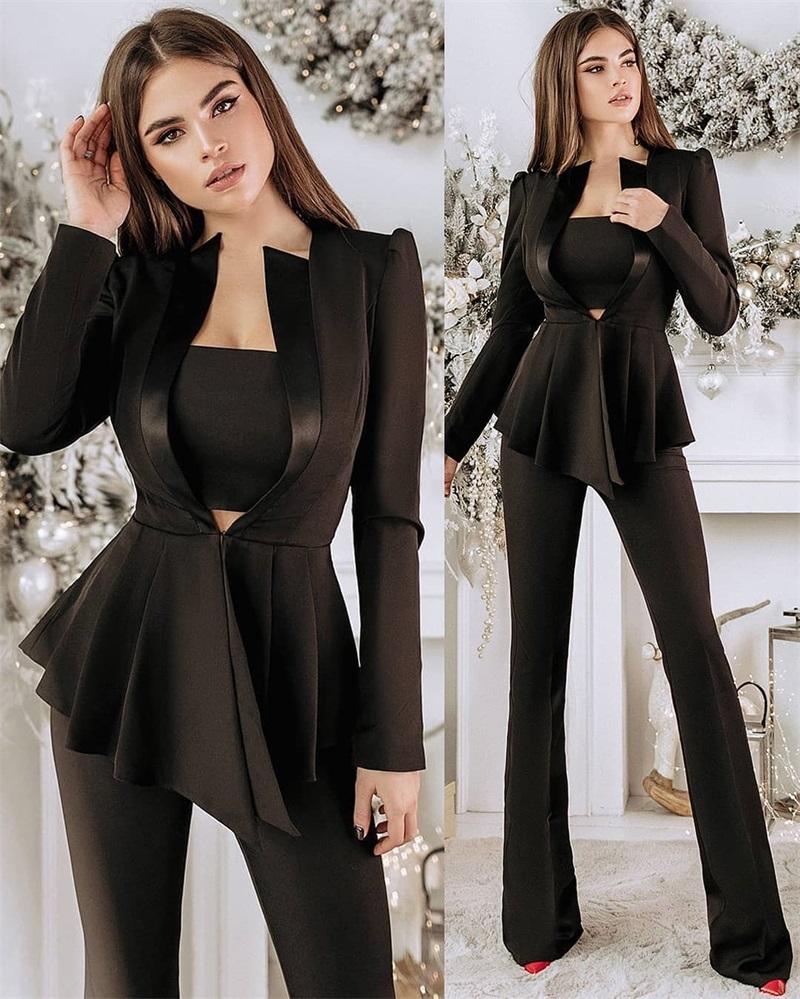 

Women's Two Piece Pants Custom Made Women Suit Pleated Hem Ruched Blazer Streetwear Catwalk Office Lady Party Wedding Club Sexy Coat 2, Black