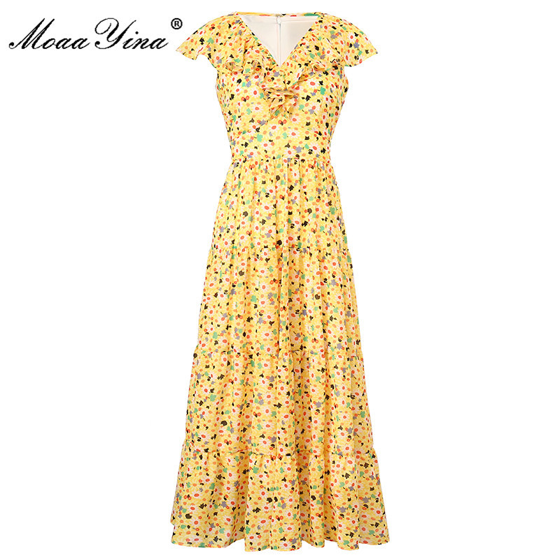 

Summer Runway Chiffon Dress Women Sleeveless Ruffle Fashion Bohemian Floral print Holiday Midi 210524, Yellow