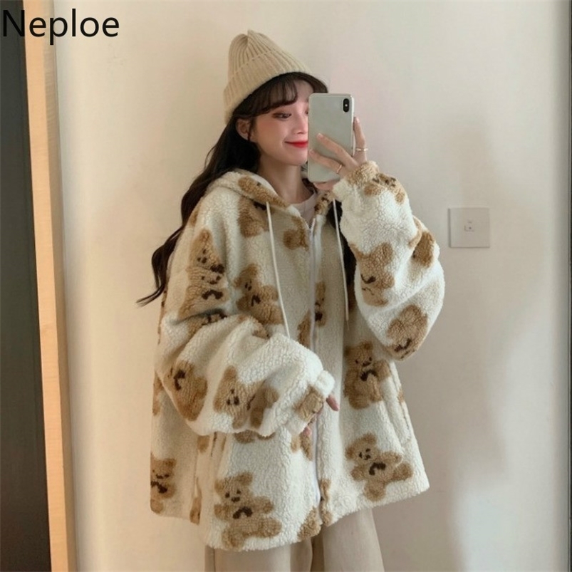 

Neploe Cute Women Hoodie Winter Loose Hoodies Sweatshirts Streetwear Thick Lamb Wool Bear Coat Zipper Oversized Outwear 210721, Brown
