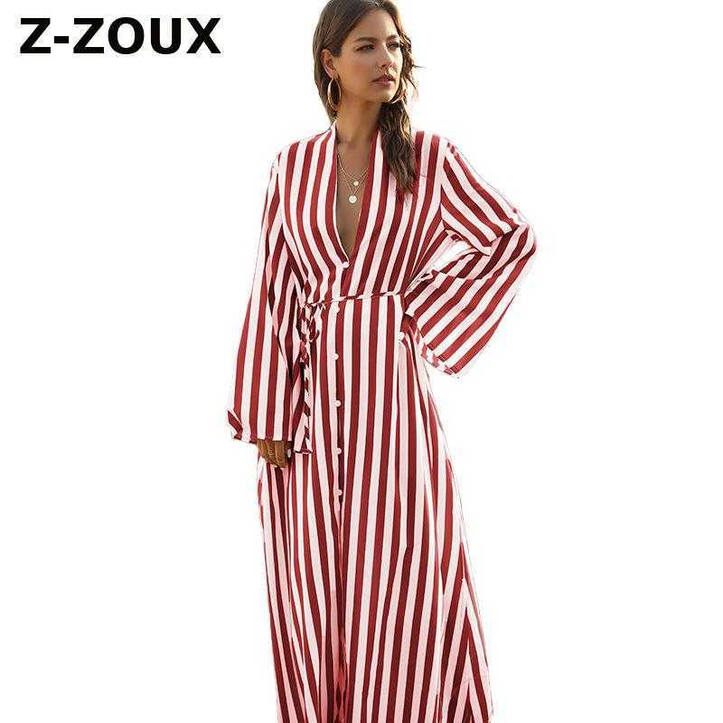 

Women Dress Long Sleeve Bandage Striped Dresses Plus Size Shirt Fashion Summer Clothes 210524, Red