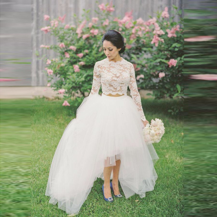 

High Low Lace Wedding Dresses High Neck Jewel Long Sleeves Bridal Dresses Tulle Layers Illusion Two Pieces Dresses Wedding Guest Dress Cheap, Yellow