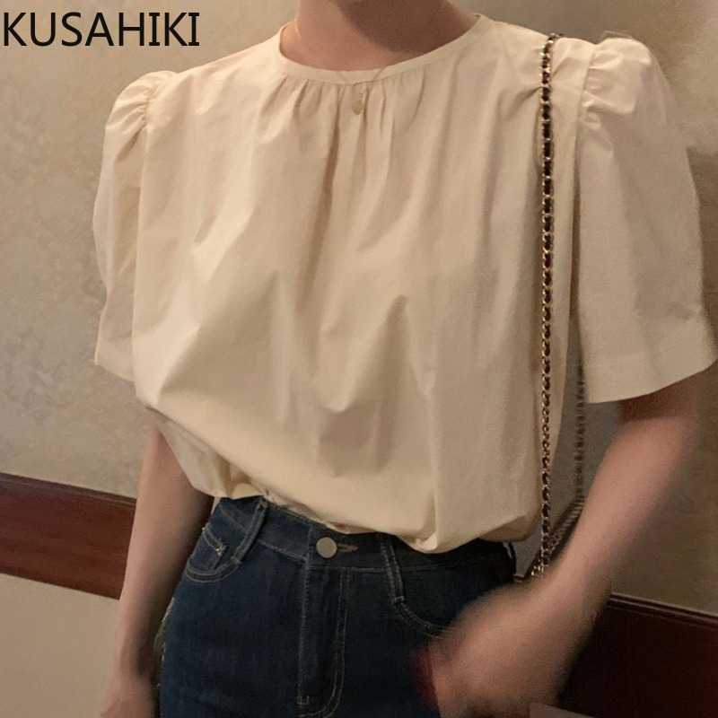

KUSAHIKI Chic Elegant Bow Tie O-neck Womens Tops Korean Sweet Puff Sleeve Blouse Shirt Sumemr Blusa Deminina 6J689 210602, White