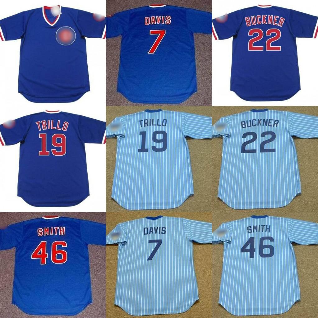 

Chicago 7 JODY DAVIS 19 MANNY TRILLO 22 BILL BUCKNER 46 LEE SMITH 1982 Baseball Jersey, Blue;black