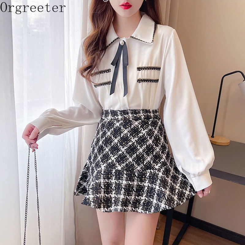 

Spring Tweed Short Skirt Sets Elegant Long Sleeve Braided trim Bow Shirt + High Waist Plaid Mermaid 2pcs Suits 210525, Pink