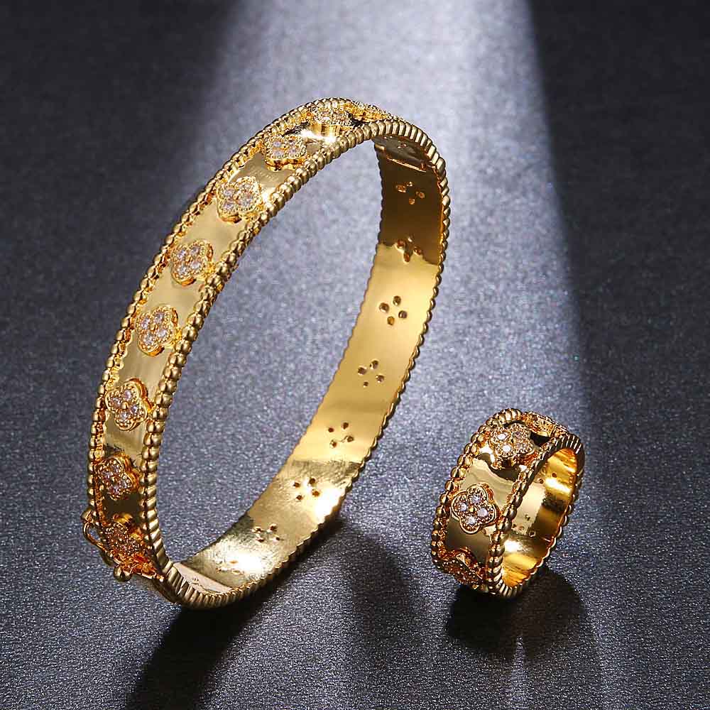 

HONGHONG High Quality 3A Zircon Bangle&Rings 2Pcs Sets for Women Flower shape bracelets&Ring set Fashion Jewelry