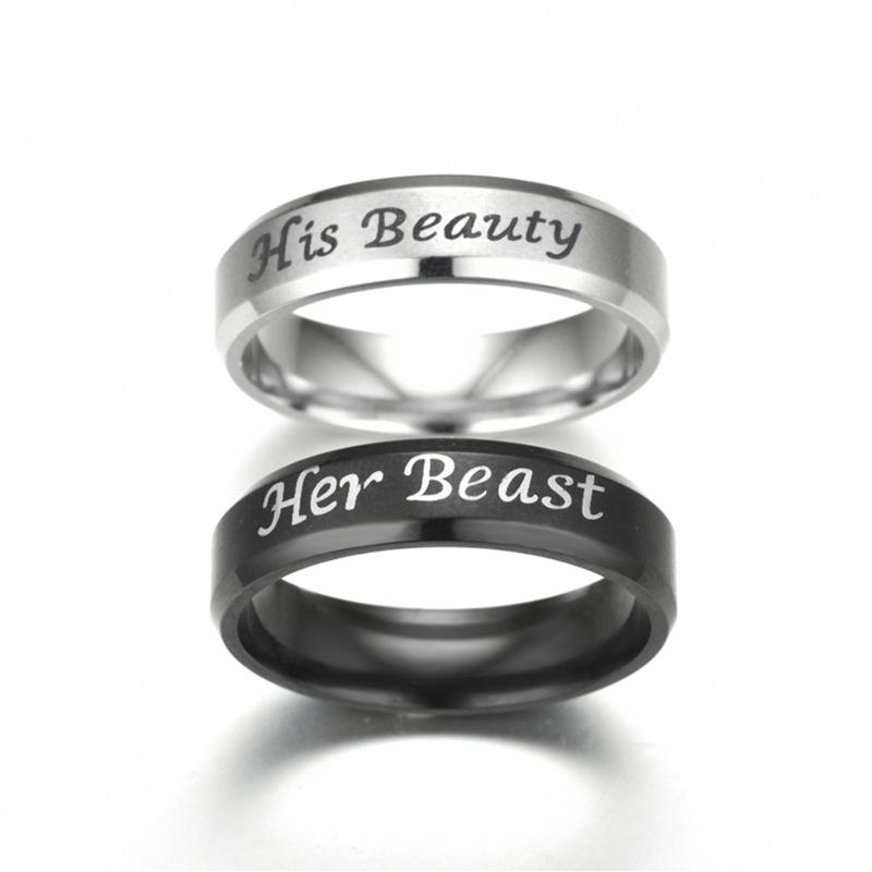 

Her Beast His Beauty Couple Rings 6mm Black/Silver Color Stainless Steel Smooth Wedding For Women Men Promise Jewelry