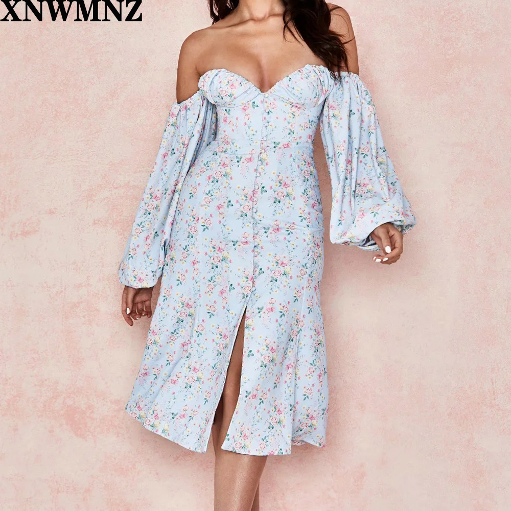 

Za women autumn Floral Print Dress Vintage Sexy puff Sleeve Mid-Calf Dress 2021 Women Sundress Casual Bohemian Beach Vestidos, Multi