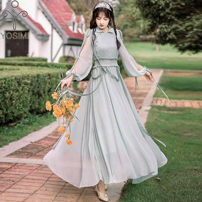

YOSIMI Green Chiffon Frairy Long Women Dress Summer Maxi Vintage Elastic Waist Ankle-Lenght Sleeve Party Elegant 210604, Light green