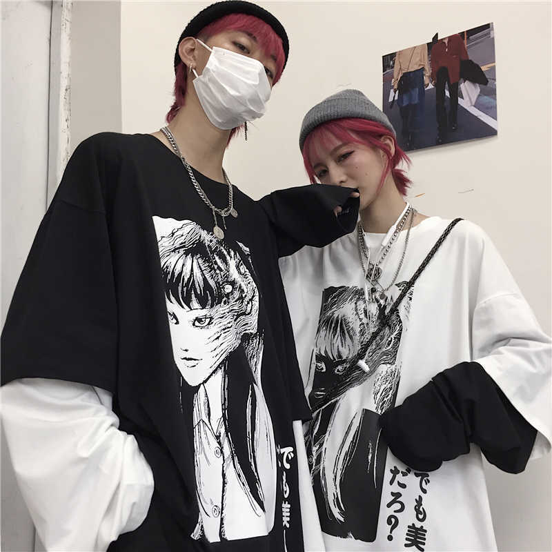 

Autumn ins Harajuku Vintage dark letter print fake two-piece Gothic punk loose long-sleeved casual women hip hop bf sweatshirt 210608, Black
