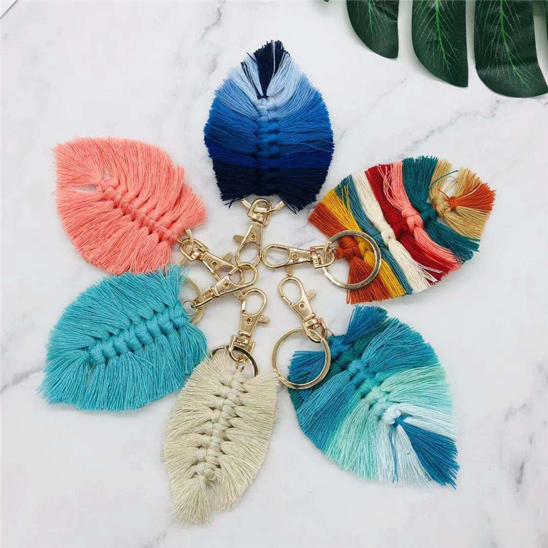 

Leaf Weaving Rainbow Keychains Jewelry for Women Boho Handmade key Holder Keyring Macrame Bag Charm Car Hanging Jewelry, Red;brown