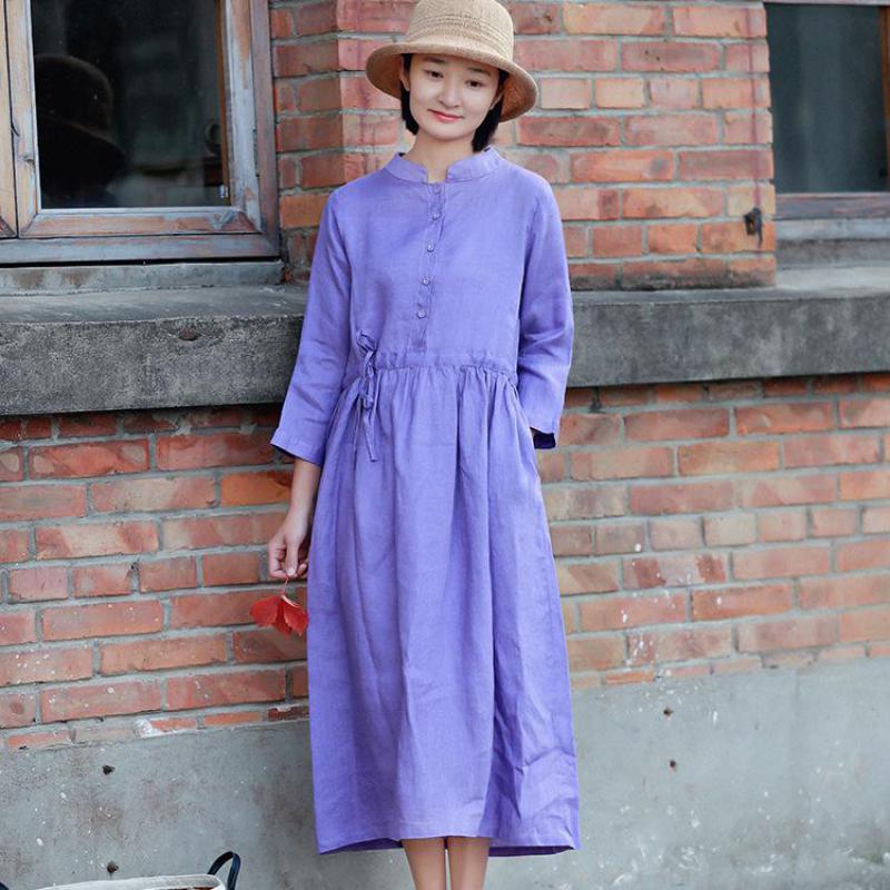 

Johnature Spring Cotton Linen Fashion Stand Pockets Drawstring Long Sleeve Dress Leisure Retro Solid Color Women Dress 210521, Purple