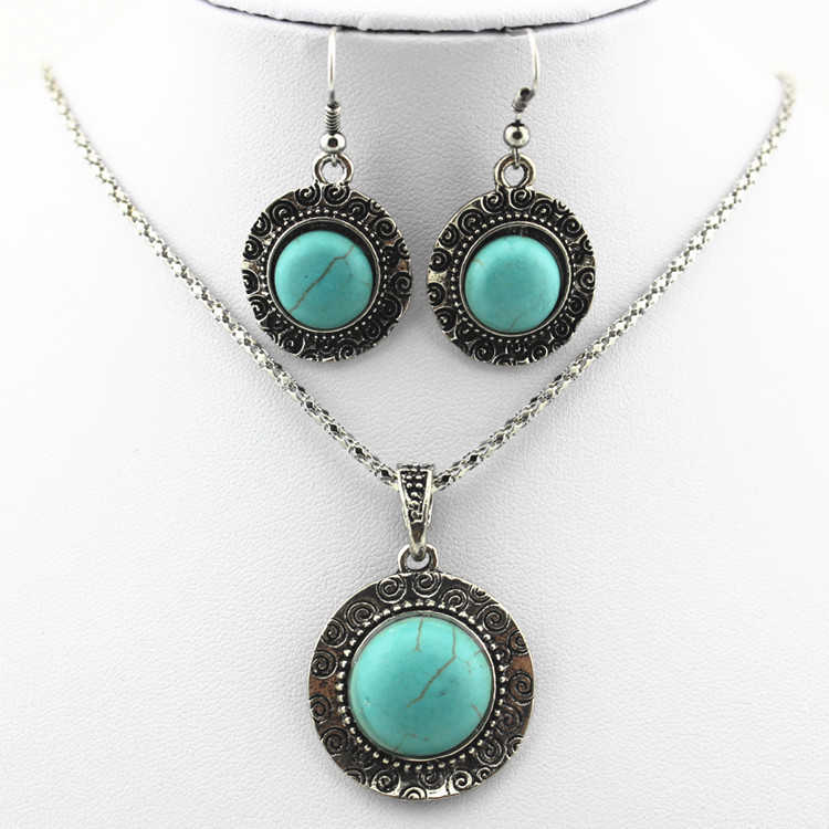 

women's Circular vortex Tibetan silver turquoise earrings necklace set GSTQS029 fashion gift national style women DIY jewelry sets, As show