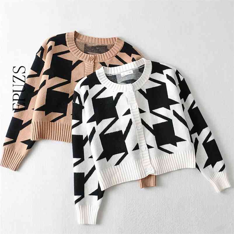 

Vintage O-Neck Long Sleeve Knitted Sweater Fashion Slim Plaid Warm Thick Cardigan Lady Casual Loose Button Chic Top 210521, White