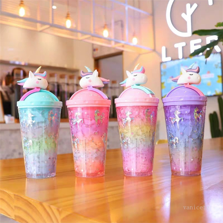 

Water Cup Rainbow Unicorn Cute mugs Creative Summer Crushed Ice Cup Double Refrigeration Colorful Plastic Straw Cup Drinking ZC214