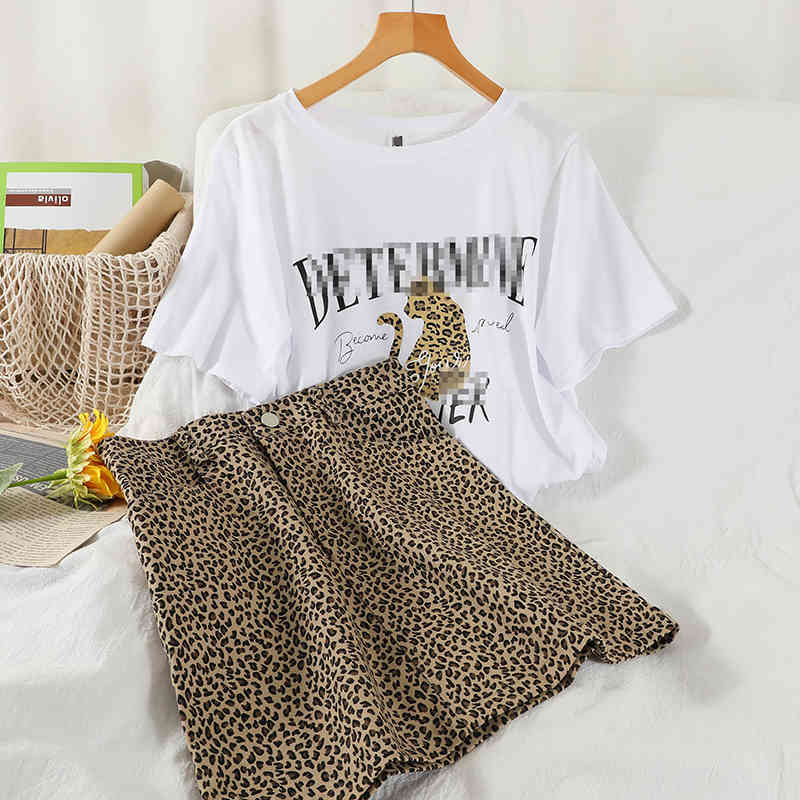 

Temperament western style suit loose T-shirt top vintage leopard skirt two-piece summer 210525, Milky