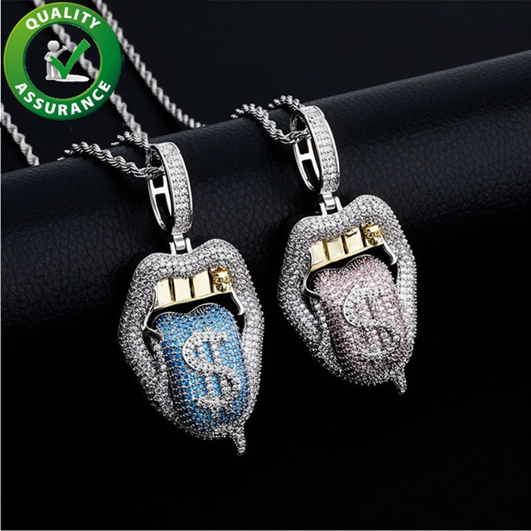 

Women Mens Jewelry Iced Out Pendant Hip Hop Luxury Designer Necklace Bling Diamond Exaggerated Big Mouth with Dollar Tongue Out Fashion New
