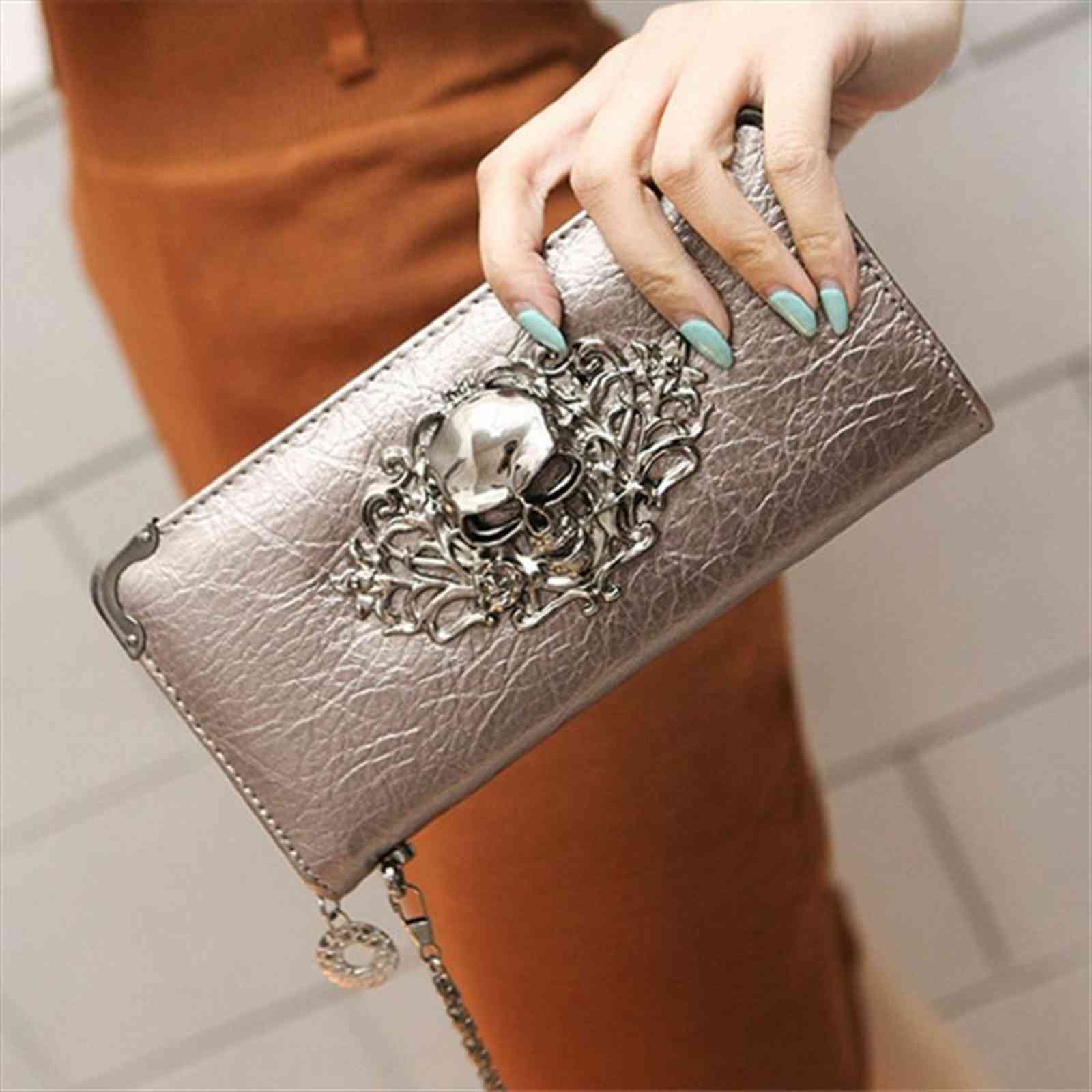

vintage skull ladies long handbag zipper wallet skeleton purse clutch card holder carteira feminina rd678051, Red;black
