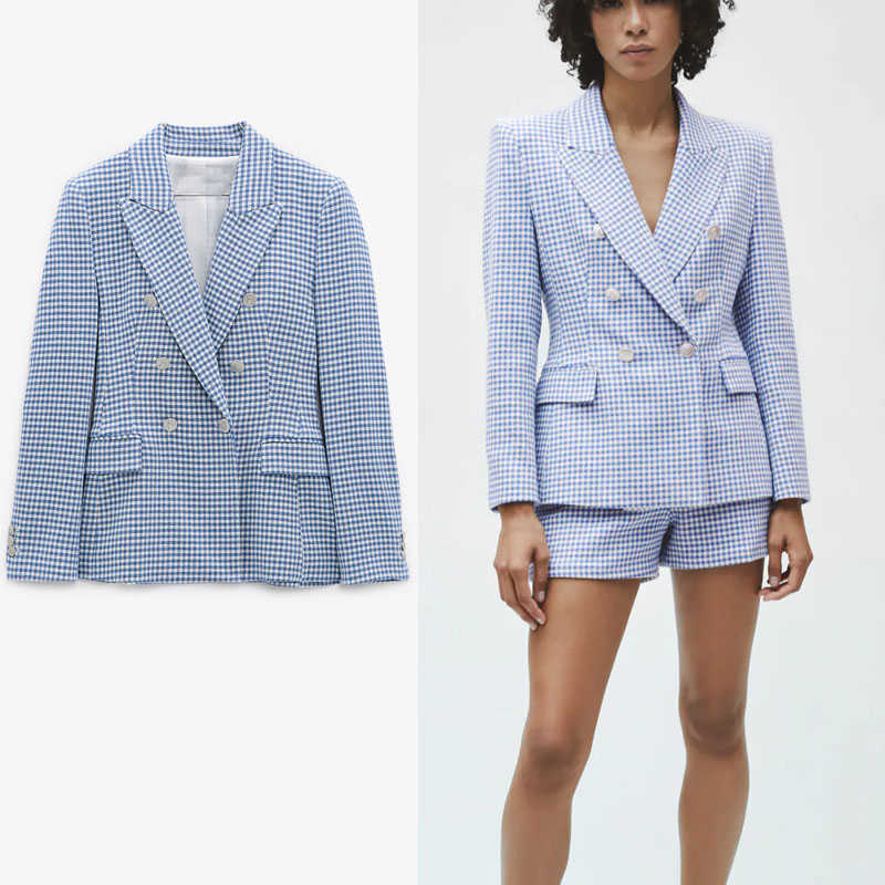 

Za Blue Houndstooth Summer Blazer Women Long Sleeve Pronounced Shoulders Plaid Vintage Blazers Woman Casual Fit Outerwear 210602