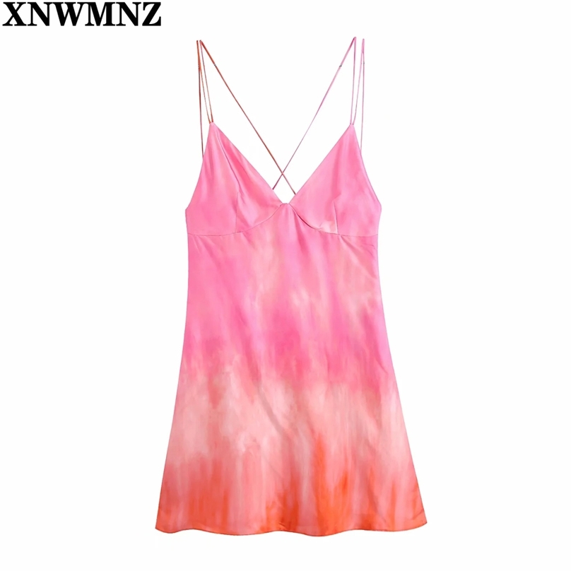 

Women tie-dye Backless mini dress Ladies Sexy v-neck back cross thin straps invisible side zip a-line skirt Summer Dress 210520, Pink