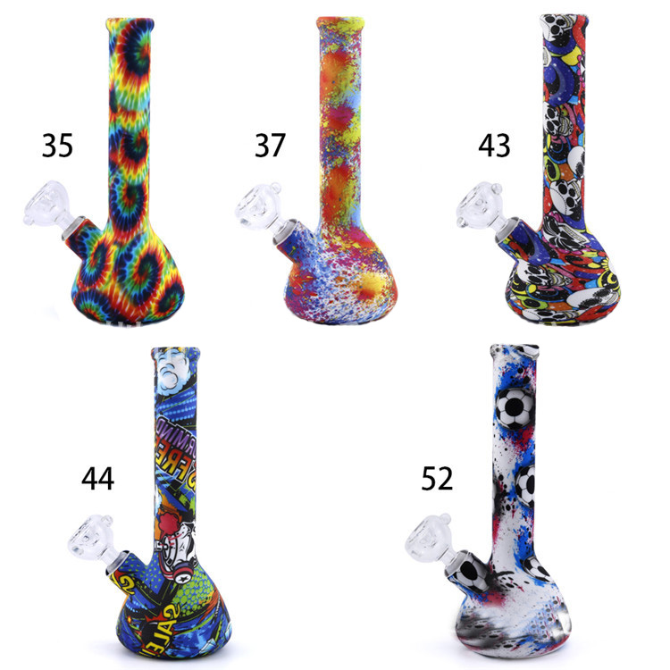 

Hookahs 8" Silicone Beaker Bong Portable Water transfer printing Pipes Oil Rigs Unbreakable Smoking Concentrate Pipe with five colors