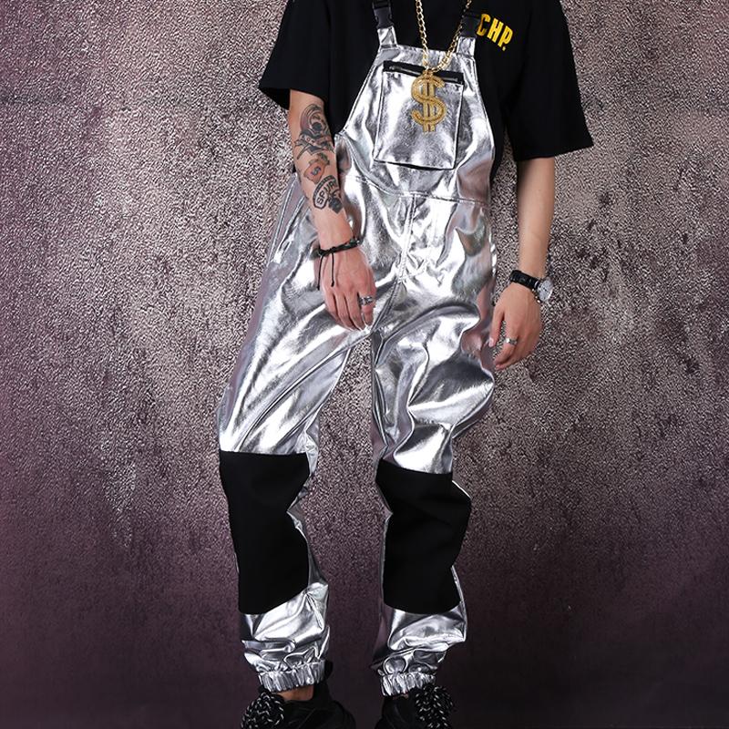 

Men's Pants Men Streetwear Hip Hop Punk Silver Leather Overalls Jumpsuit Pant Male Women Fashion Casual Bib Harem Trouser Stage Costume