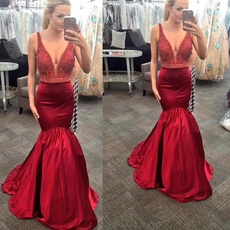 

Sparkly Burgundy V Neck Sleeveless Mermaid Prom Dresses Sweep Train Crytal Stain Formal African Evening Dress, Yellow