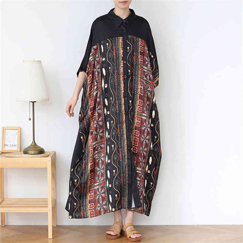 

Johnature Women Vintage Print Floral Shirt Dresses Patchwork Color Button Summer Bat Sleeve Female Loose Chiffon Dress 210521, Coffee