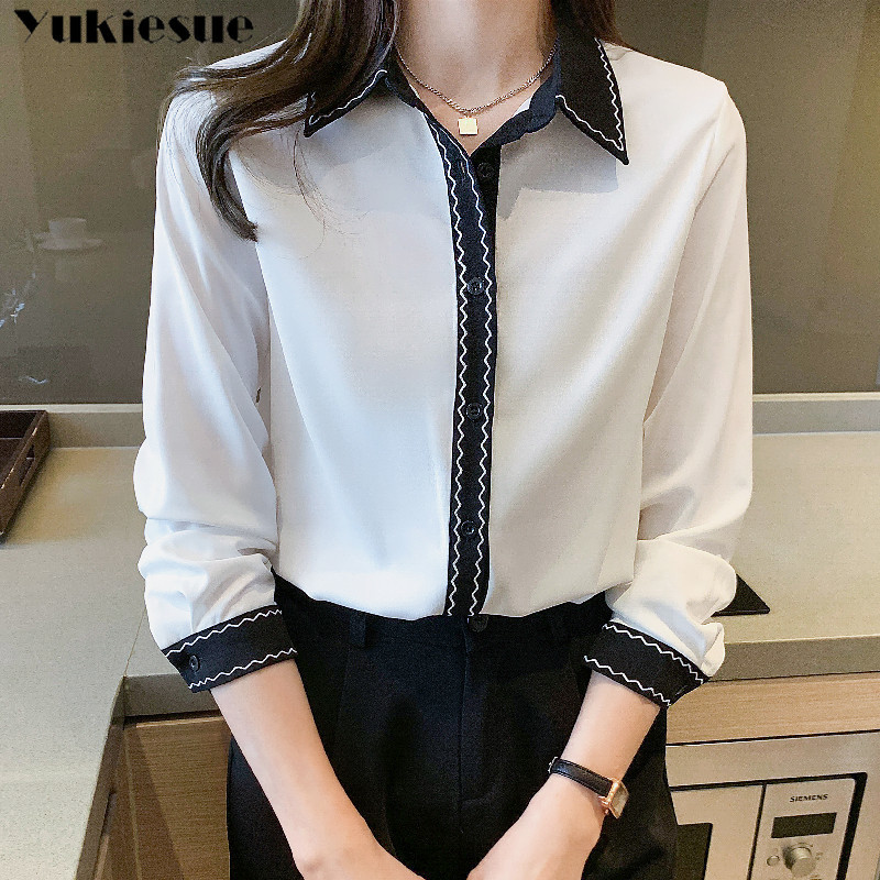 

Office Ladies chiffon Blouses Shirts Single-breasted Lapel Loose Female Tops Women Femme Blusas Mujer spring 210518, As picture
