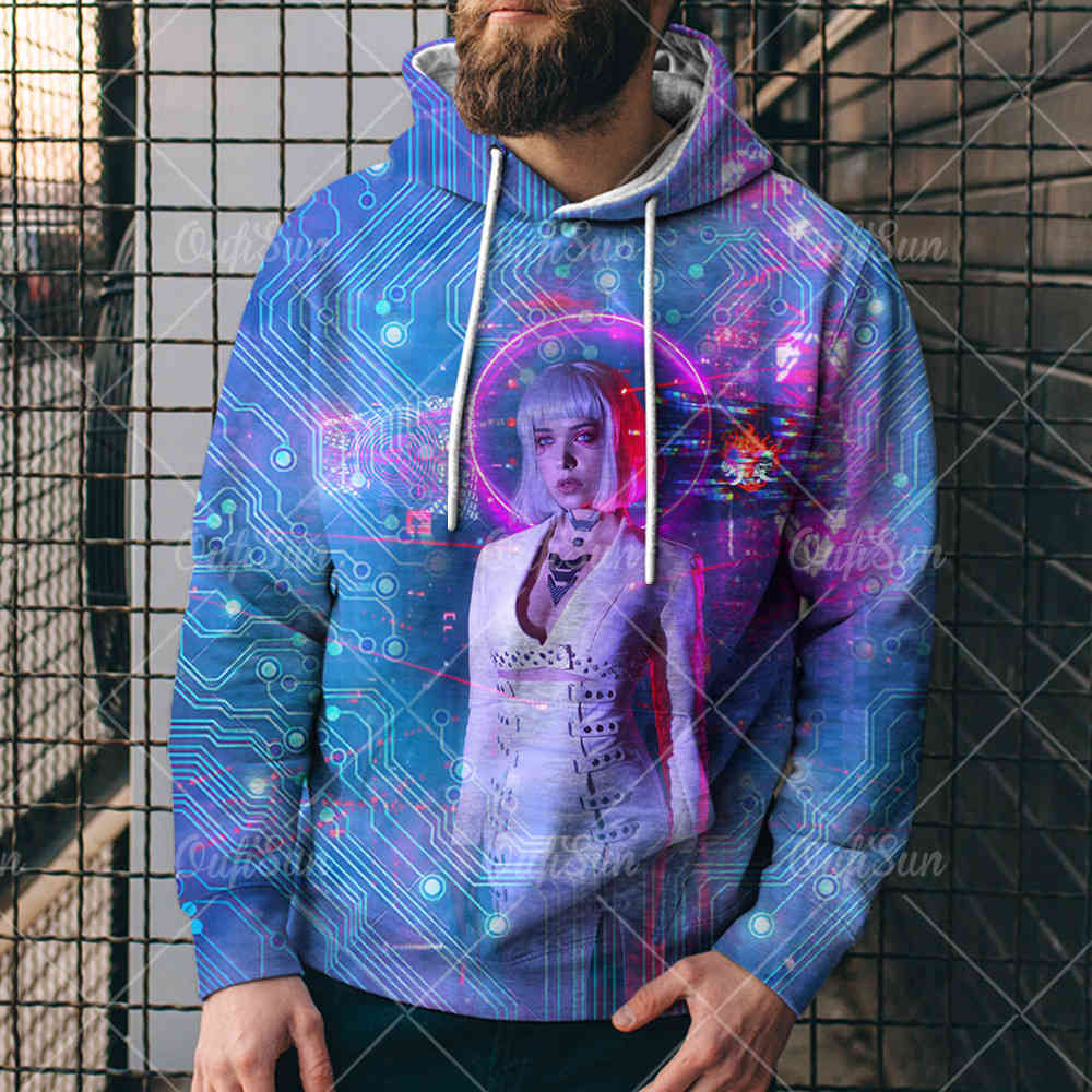 

2021 spring and autumn fashion sweater men's street cool electronic punk seri printed 3d sweater hoodie4643, Black