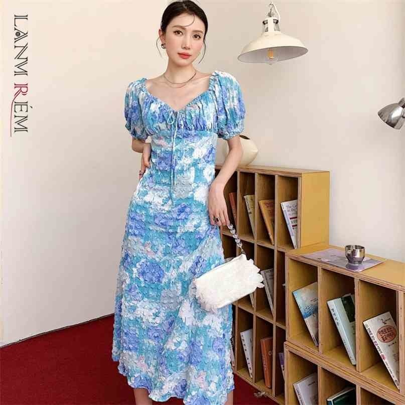 

Women Dress Oil Painting Print Holiday Beach Long Puff Sleeve Temperament Fashion Summer Arrivals 2H703 210526, Oil painting blue