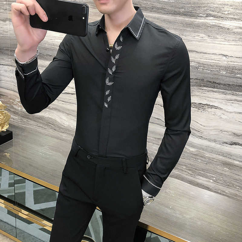 

Embroidered Leaves Men Shirts Long Sleeve Casual Black White Shirt Slim Fit Formal Dress Blouse Streetwear Camisas Para Hombre 210527