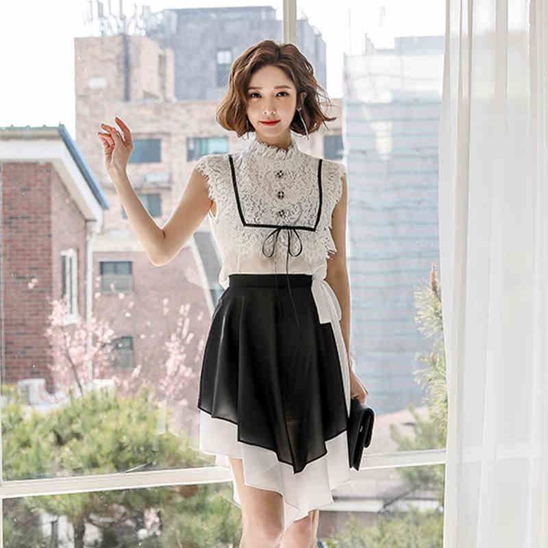 Two Piece Dress Women Summer Work Wear 2 Pieces Set Sleeveless Lace Crop Top + Lace-up Irregular Tulle Skirt Casual Occupation Set-image-699405505