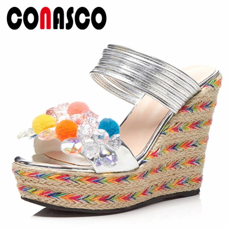 

Women Sandals Genuine Leather Summer Party Wedges High Heels Shoes Rhinestone Slippers Platforms Casual Woman, Black